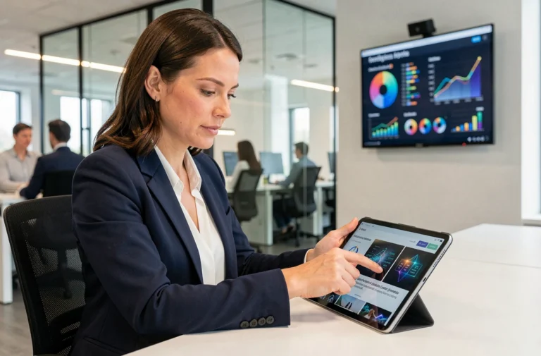 Femme professionnelle consultant les dernières actualités technologiques sur une tablette dans un bureau moderne Next Generation