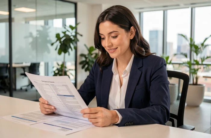 Femme professionnelle consultant des offres d'emploi dans un bureau moderne et lumineux