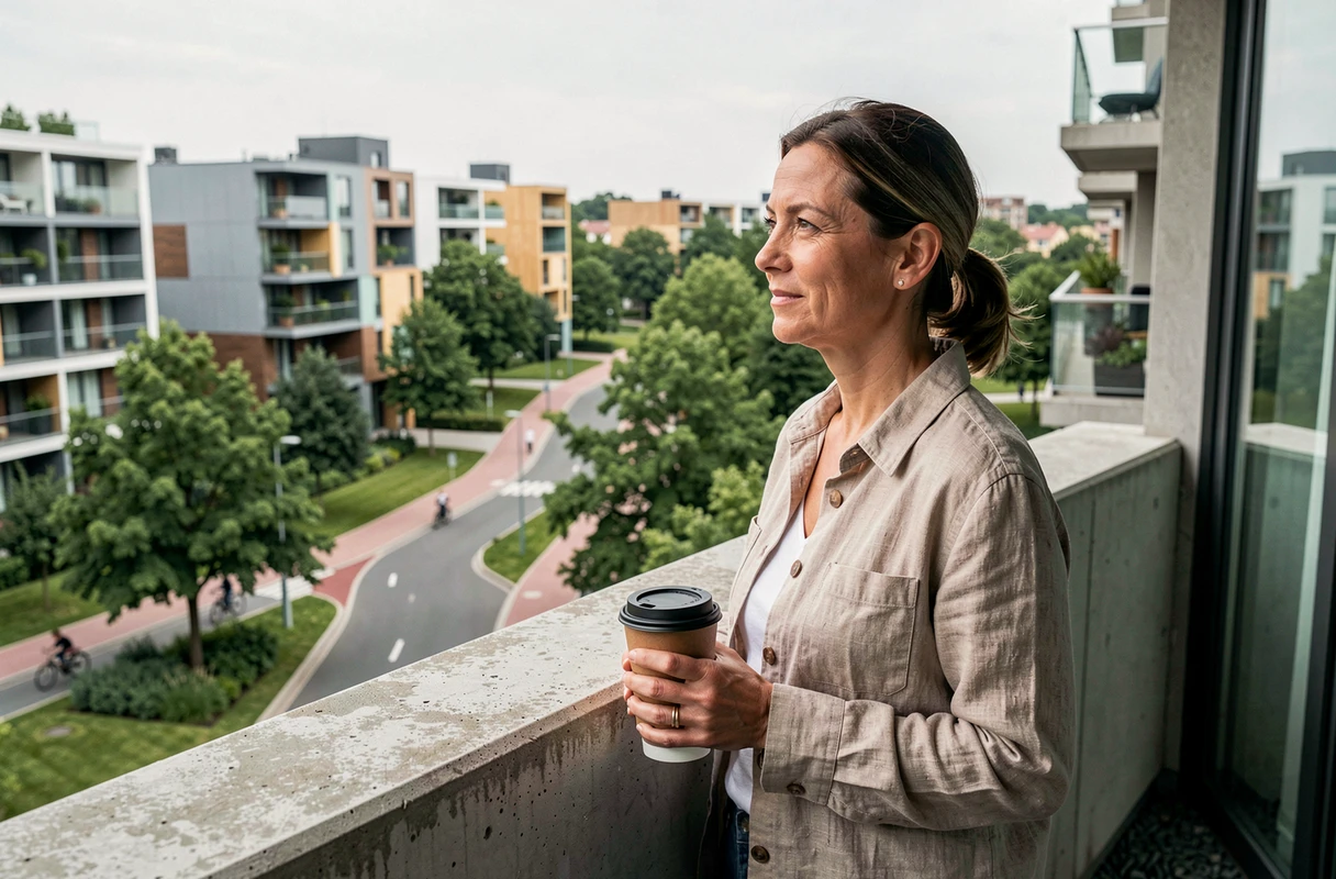 Femme observant un quartier écologique et verdoyant depuis son balcon, symbole des villes idéales pour vivre en 2050