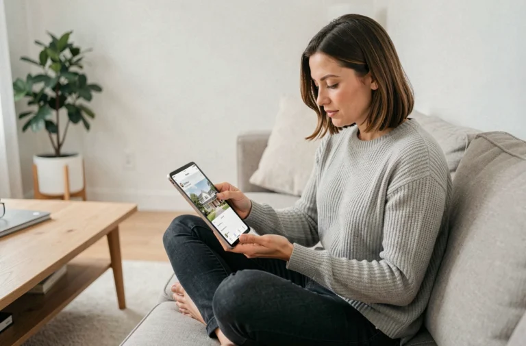 Femme cherchant un logement en ligne sur une tablette dans un salon moderne
