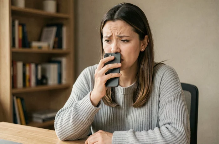 Femme tenant un smartphone avec une expression frustrée lors d'un échec de recherche vocale à son bureau à domicile