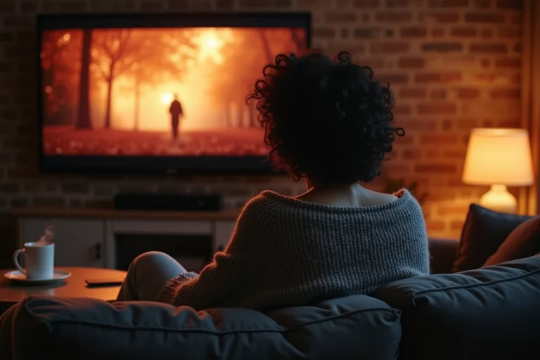 Femme regardant une série en streaming sur sa télévision en octobre, installée confortablement dans son salon décoré aux couleurs automnales