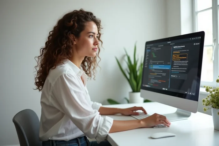 Jeune femme résolvant des problèmes techniques sur une application de mix design depuis son bureau à domicile