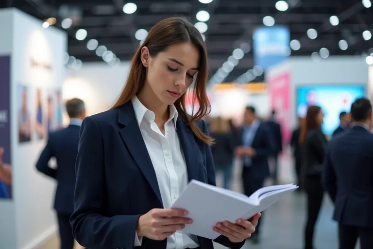 Femme professionnelle consultant des brochures lors d'un salon de l'emploi moderne, tendances recrutement Meeting Job