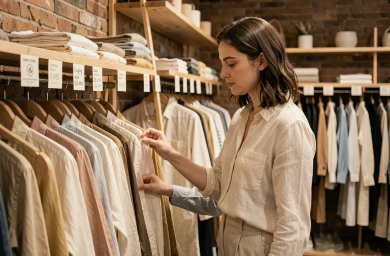 Femme feuilletant des vêtements en coton biologique dans une boutique de mode éthique minimaliste aux murs en briques apparentes