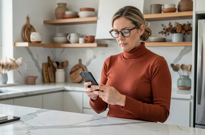 Femme consultant la carte du site d'un blog décoration intérieure sur son smartphone dans une cuisine contemporaine
