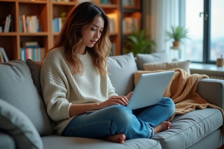 Jeune femme naviguant sur un site de streaming alternatif depuis son canapé avec un laptop