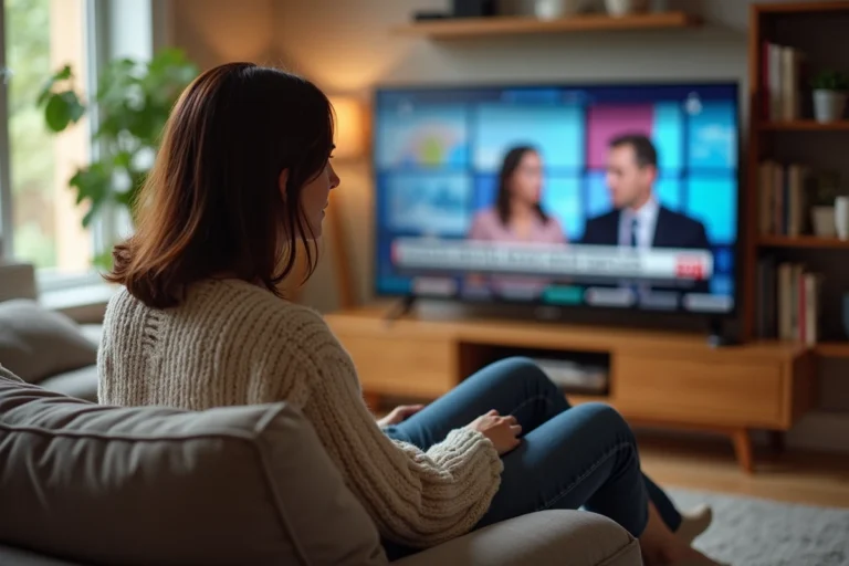 Femme regardant la télévision en direct gratuitement sur un smart TV depuis son salon confortable