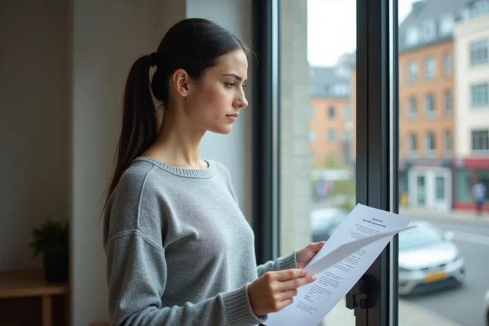 Femme vérifiant un rapport de conformité de fenêtre double vitrage dans un bureau rénové