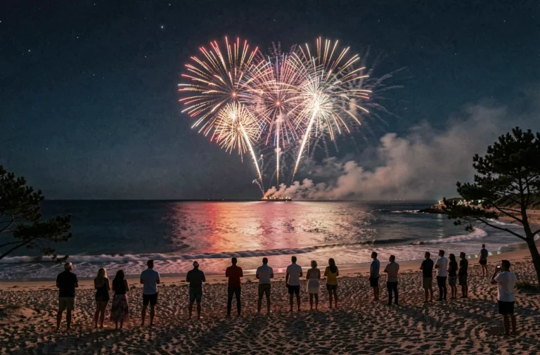 Feu d'artifice spectaculaire sur la plage de l'île d'Oléron avec reflets sur l'océan et silhouettes de spectateurs