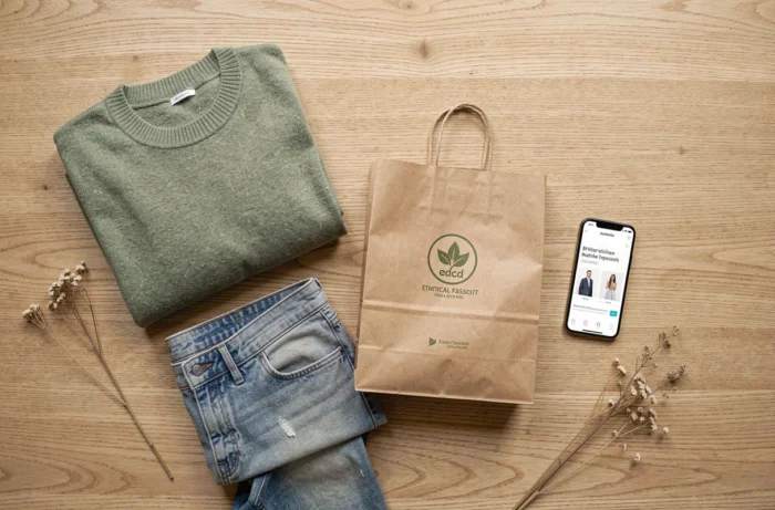 Flat lay de vêtements durables et accessoires éco-responsables posés sur une table en bois clair avec un smartphone affichant un site de mode éthique