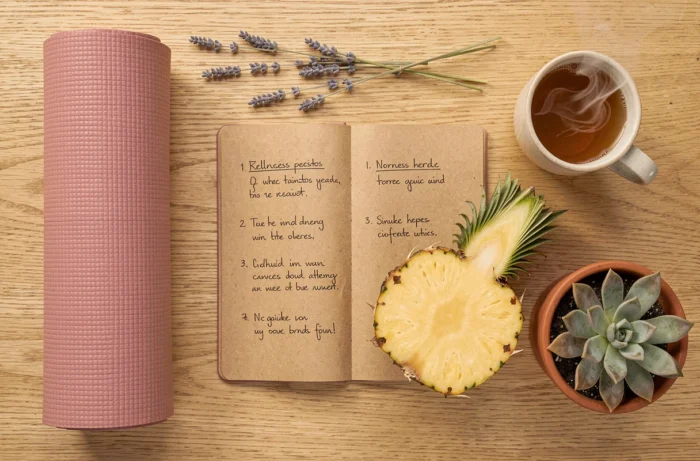 Composition à plat style bien-être avec tapis de yoga rose, ananas frais tranché, journal et tisane sur bois naturel