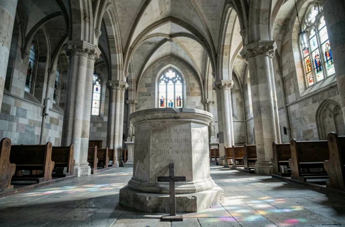 Fonts baptismaux en pierre calcaire dans une église romane ancienne symbolisant l'histoire du prénom Baptiste