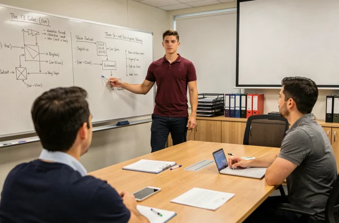 Jeune homme en formation professionnelle présentant devant des collègues dans une salle de réunion d'entreprise
