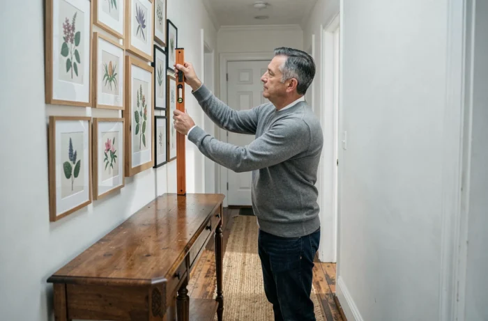 Homme accrochant des cadres botaniques dans un couloir de maison avec une console en bois vintage et un tapis sisal