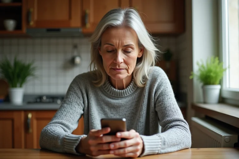 Femme d'âge mûr gérant une tutelle à distance sur smartphone depuis sa cuisine, application Mon Proxima