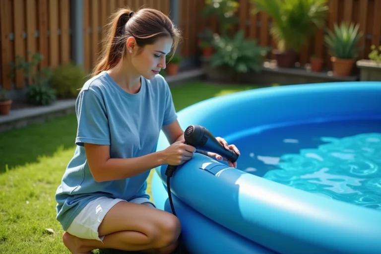 Femme utilisant un sèche-cheveux pour gonfler une piscine gonflable dans un jardin ensoleillé