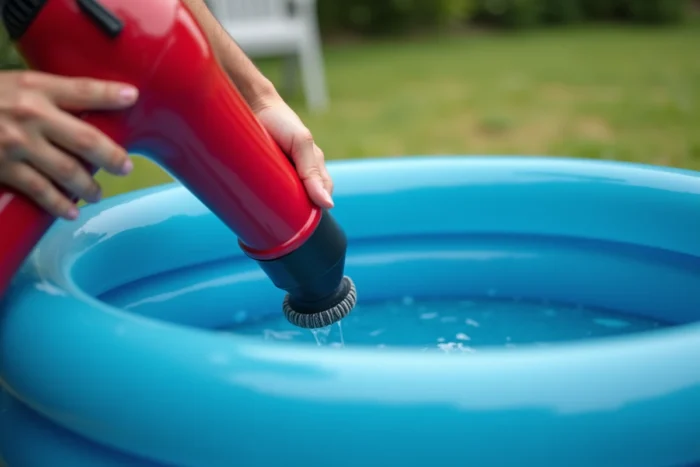 Gros plan sur une valve de piscine gonflable avec l'embout d'un sèche-cheveux inséré pour la gonfler