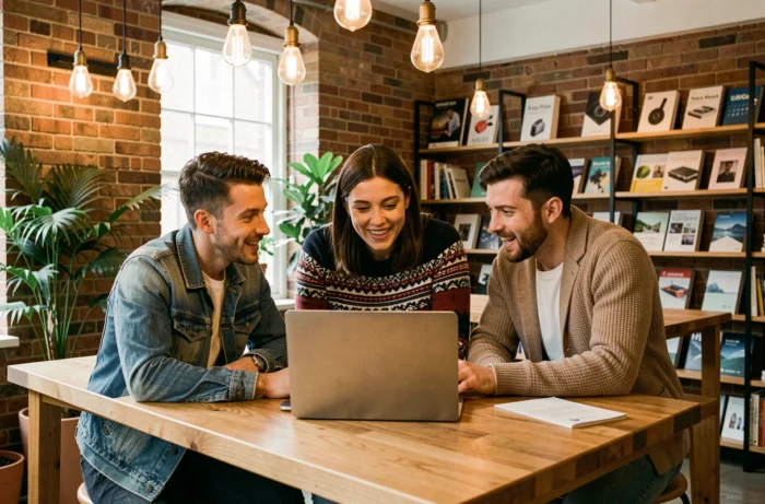 Groupe de collègues discutant des dernières innovations et actualités Next Generation autour d'un ordinateur portable dans un espace de coworking