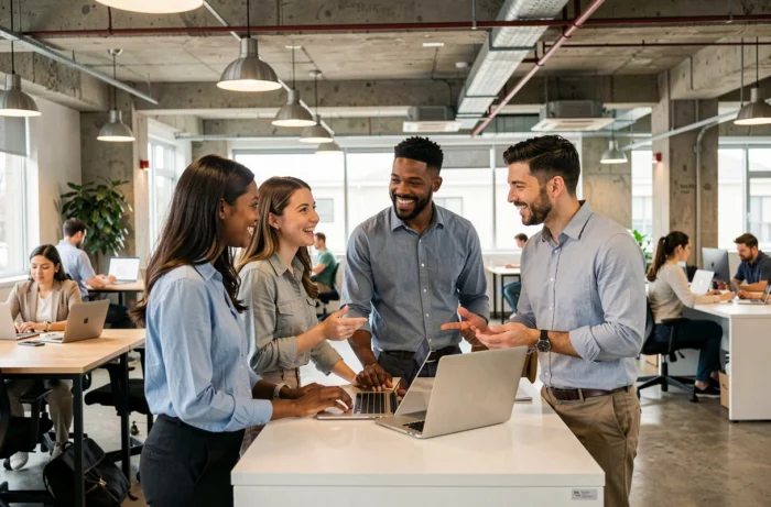 Groupe de jeunes professionnels discutant d'opportunités de carrière dans un espace de coworking moderne