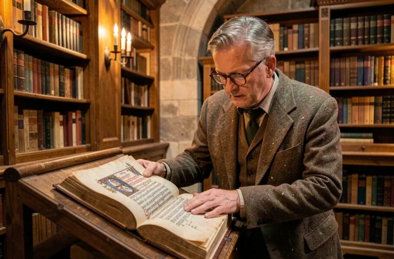 Historien examinant un manuscrit médiéval enluminé dans une bibliothèque en pierre évoquant l'origine du prénom Baptiste