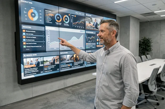 Homme d'affaires présentant des innovations et actualités Next Generation sur un écran interactif en salle de conférence