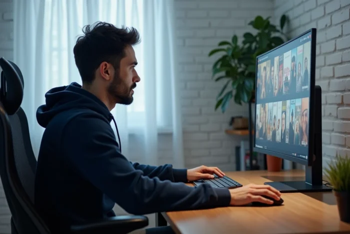 Homme utilisant un ordinateur de bureau pour rechercher des alternatives au streaming French Stream