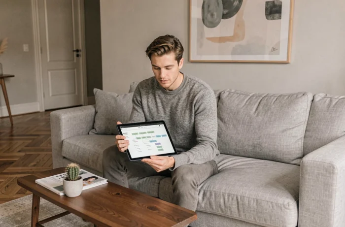 Homme consultant la carte du site d'un blog déco sur une tablette dans un salon moderne et épuré