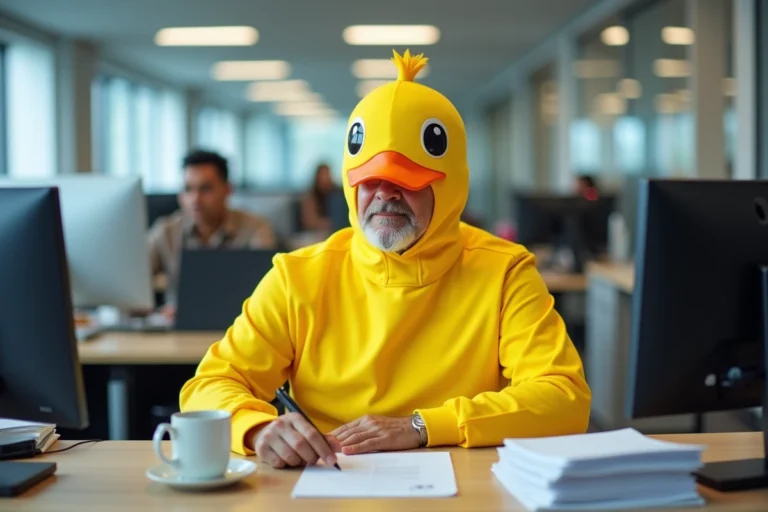Homme en costume de canard en caoutchouc assis sérieusement à un bureau d'entreprise entouré de documents professionnels, scène humoristique et insolite