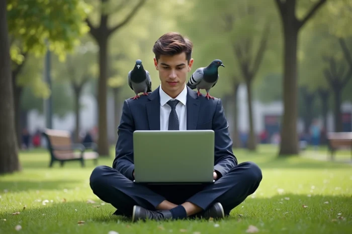 Jeune homme en costume assis dans un parc avec un ordinateur portable et des pigeons perchés sur ses épaules, situation absurde et hilarante en plein air