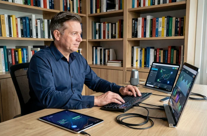 Homme utilisant plusieurs appareils intelligents connectés dans un bureau à domicile