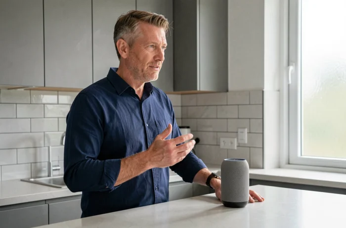 Homme interagissant avec une enceinte connectée dont la recherche vocale ne répond pas dans une cuisine moderne