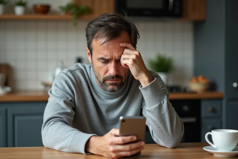 Homme frustré regardant une erreur sur l'application SFR Mail sur son smartphone dans une cuisine moderne