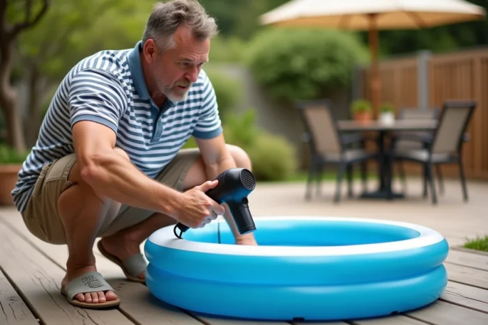Homme gonflant une petite piscine gonflable avec un sèche-cheveux sur une terrasse en bois