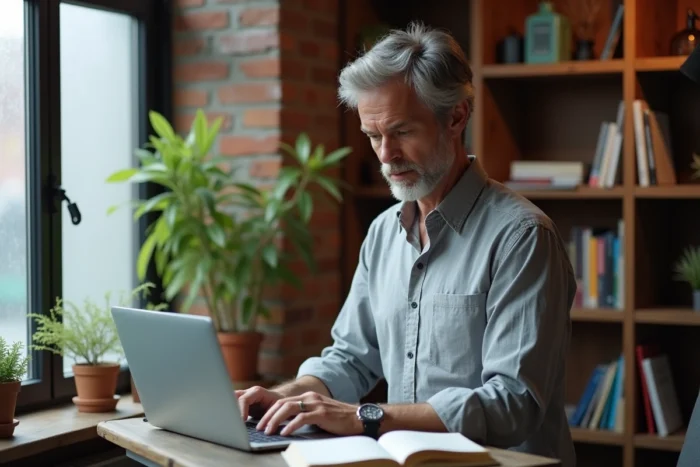 Homme consultant un guide de grammaire française dans un bureau à domicile pour trancher entre coordonnateur et coordinateur