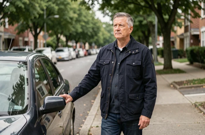 Homme hésitant debout près de sa voiture sur un trottoir, illustrant le questionnement sur la capacité à conduire après une névrite vestibulaire