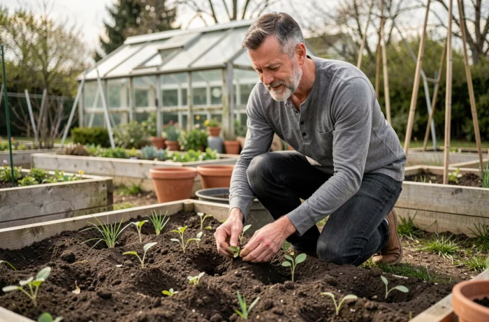Homme jardinant dans un potager communautaire au printemps, loisir de plein air et jardinage