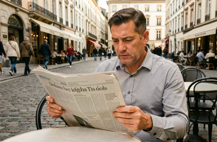 Homme lisant un journal dans un café en plein air dans une place européenne animée