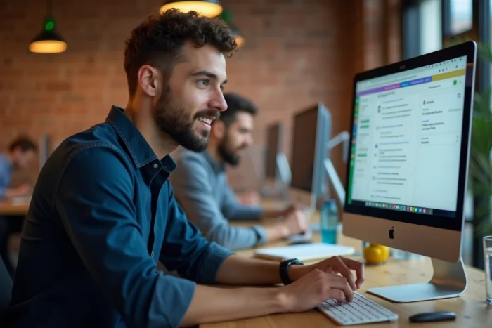 Homme consultant un outil de création de CV en ligne dans un espace de coworking