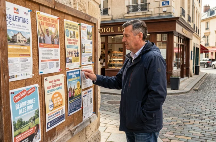 Homme lisant des annonces et bons plans sur un panneau d'affichage communautaire en ville