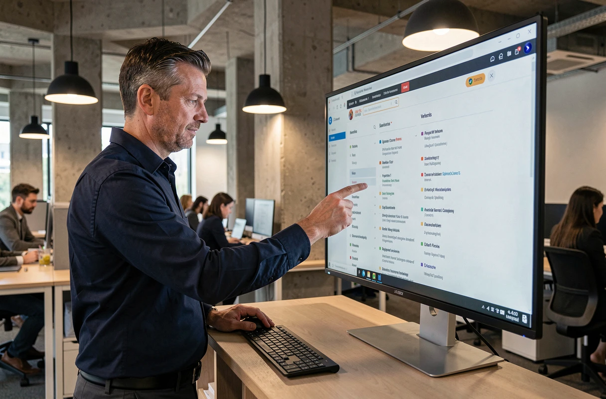 Homme debout devant un grand écran affichant un plan de site web dans un bureau moderne en open space