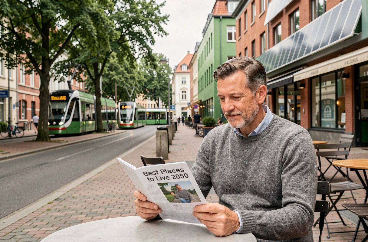 Homme lisant un rapport sur les meilleures villes où vivre en 2050 dans un centre urbain piétonnier et durable