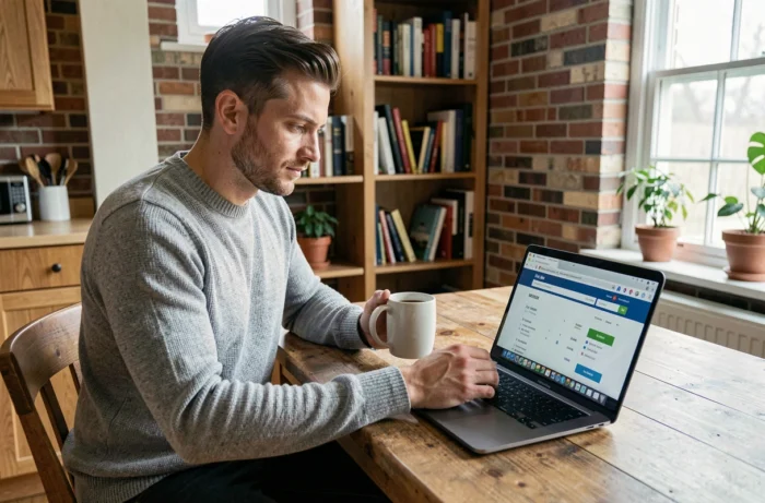Homme recherchant des offres d'emploi sur son ordinateur portable depuis son domicile