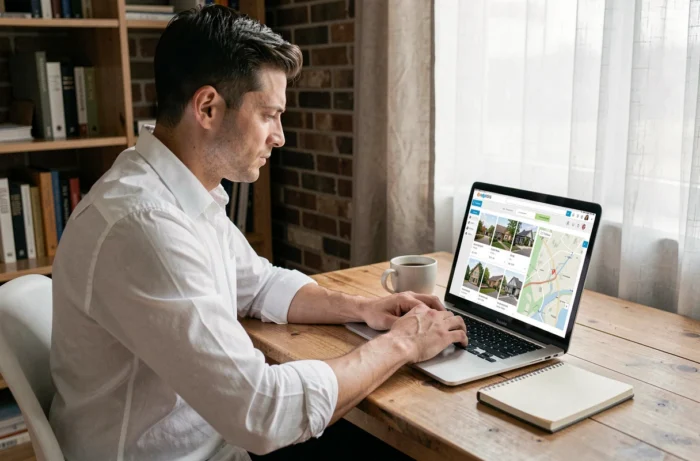 Homme recherchant des annonces immobilières sur un ordinateur portable dans un bureau à domicile