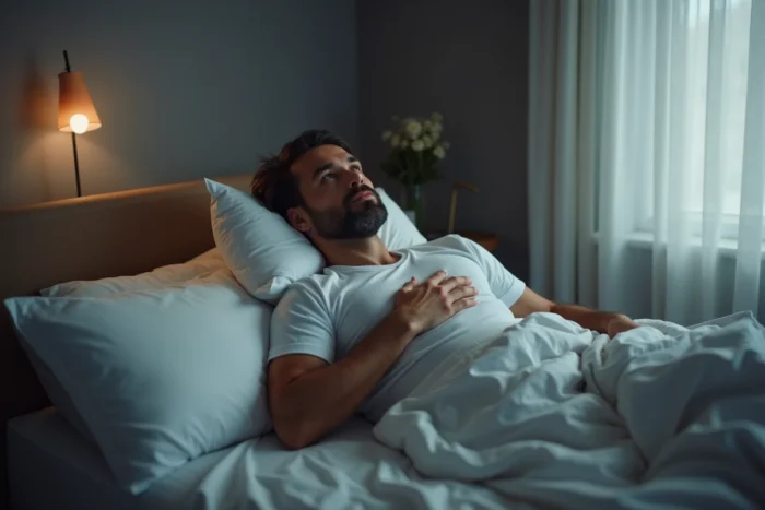 Homme allongé dans son lit les yeux ouverts, incapable de se rendormir après un rêve angoissant