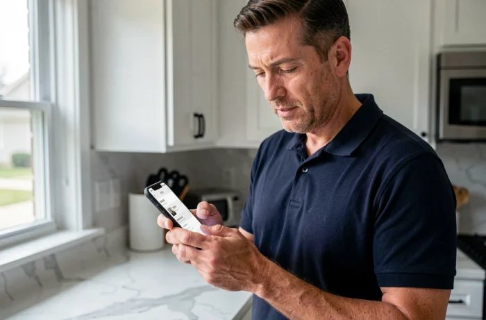 Homme consultant le suivi de ses commandes sur une application mobile depuis sa cuisine