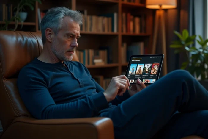 Homme consultant le catalogue de streaming sur tablette en octobre, allongé dans un fauteuil dans un bureau bibliothèque chaleureux