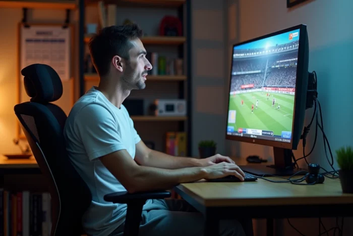 Homme regardant la télévision en direct sur un ordinateur de bureau à domicile gratuitement