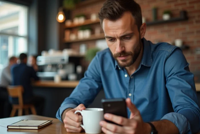 Homme vérifiant son historique de réservations Booking sur smartphone dans un café urbain