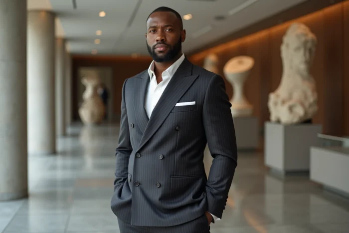 Homme grand et élégant en costume double boutonnage charbon debout dans un musée d'art contemporain avec sculptures abstraites en arrière-plan, inspiré du style d'Idris Elba